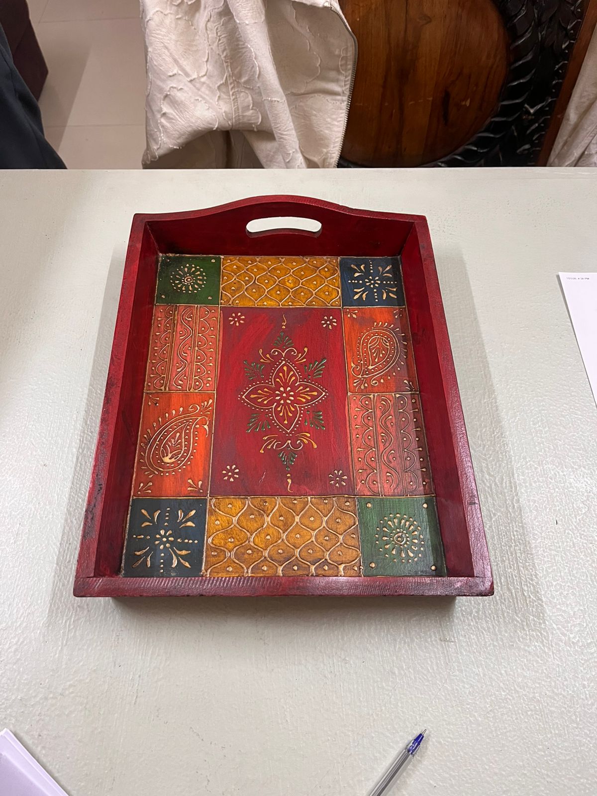 Antique Hand painted multi-color wooden tray - Medium